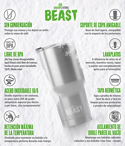 BEAST Termo Café para Llevar - 550ml I Blanco Ártico I Taza Térmica de Acero Inoxidable Reusable I Taza Viajera de Doble Pared al Vacío I 2 Pajitas y Cepillo de Limpieza I para Café Frío o Caliente