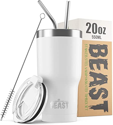 BEAST Termo Café para Llevar - 550ml I Blanco Ártico I Taza Térmica de Acero Inoxidable Reusable I Taza Viajera de Doble Pared al Vacío I 2 Pajitas y Cepillo de Limpieza I para Café Frío o Caliente