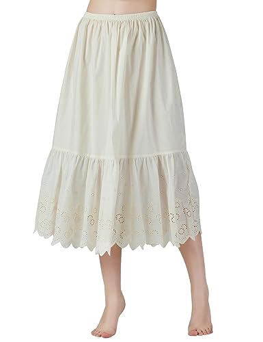 BEAUTELICATE Enaguas de Algodón con Bordado Cortas Antiestática Larga Combinación para Vestidos Antideslizante Plain Falda Marfil Nergo Beige(Encaje Inglés-Beige-80cm,2XL)