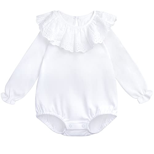 Bebé Niña Body de Manga Larga 100% Algodón Camisa de Manga Larga con Cuello con Volantes Cuello de Muñeca Bebé de Moda Suave Lindo - Liso Blanco Talla 18M