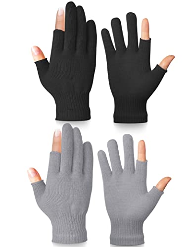 Becellen 2 Pares de Guantes sin Dedos, Invierno Termicos Medio Dedo Tactiles Mitones Guantes de Punto para Hombres Mujeres (Negro, Gris)