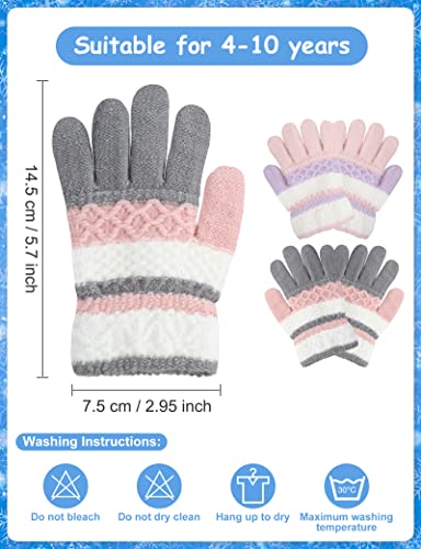 Becellen 2 Pares Guantes Invierno Niños, Guantes Termicos de Dedo Completo de Punto Guantes Elásticas Rayas Mágicos para Niñas de 4 a 10 Años