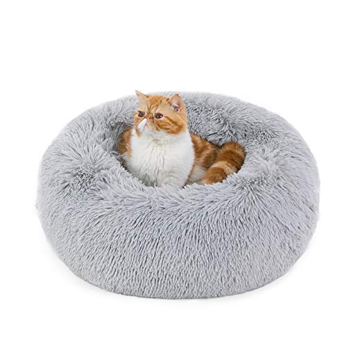 Bedsure Cama Gato Antiestres Invierno - Cama Perro Pequeño con Felpa Suave, Cojin Mascota de Pelo Relajante y Lavable,Gris Claro,50x50CM