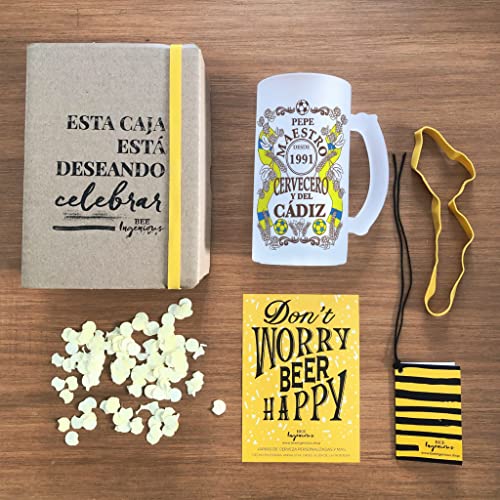 Bee Ingenious Jarra cerveza personalizada Maestro cervecero y del Cádiz de cristal esmerilado con nombre y año personalizados Regalos para hombres. Regalos para padres, hermanos. (Maestro Cádiz)