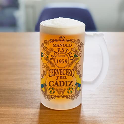 Bee Ingenious Jarra cerveza personalizada Maestro cervecero y del Cádiz de cristal esmerilado con nombre y año personalizados Regalos para hombres. Regalos para padres, hermanos. (Maestro Cádiz)