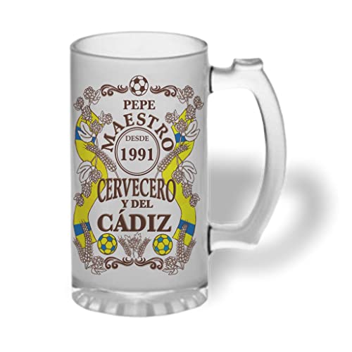 Bee Ingenious Jarra cerveza personalizada Maestro cervecero y del Cádiz de cristal esmerilado con nombre y año personalizados Regalos para hombres. Regalos para padres, hermanos. (Maestro Cádiz)