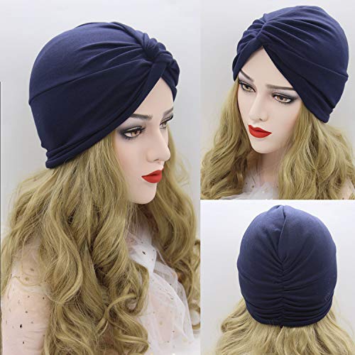 BEIFON 2 Piezas Gorros para Mujer Cancer Pañuelos Cabeza de Dormir Algodón Elástico Frontal Cruzado Turbante para Pérdida de Pelo (Azul Marino+Caqui)