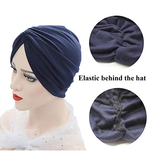 BEIFON 2 Piezas Gorros para Mujer Cancer Pañuelos Cabeza de Dormir Algodón Elástico Frontal Cruzado Turbante para Pérdida de Pelo (Azul Marino+Caqui)