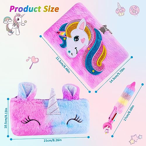 Beihre Diario Secreto Niña, Set de Papelería Unicornio de Peluche con Candados, Bolígrafo y Bolsa de Papelería, Regalos Para Niñas 6 7 8 9 10 11