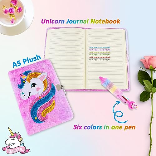 Beihre Diario Secreto Niña, Set de Papelería Unicornio de Peluche con Candados, Bolígrafo y Bolsa de Papelería, Regalos Para Niñas 6 7 8 9 10 11