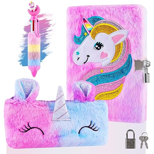 Beihre Diario Secreto Niña, Set de Papelería Unicornio de Peluche con Candados, Bolígrafo y Bolsa de Papelería, Regalos Para Niñas 6 7 8 9 10 11