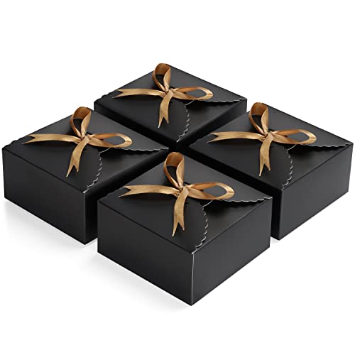 Belle Vous Cajas de Cartón Negras con Cinta Dorada (Pack de 50) Cajas Cuadradas y Bordes con Ondas - 12 x 12 x 6 cm - Caja Pequeña Cuadrada para Bodas y Regalos de Fiesta, Golosinas