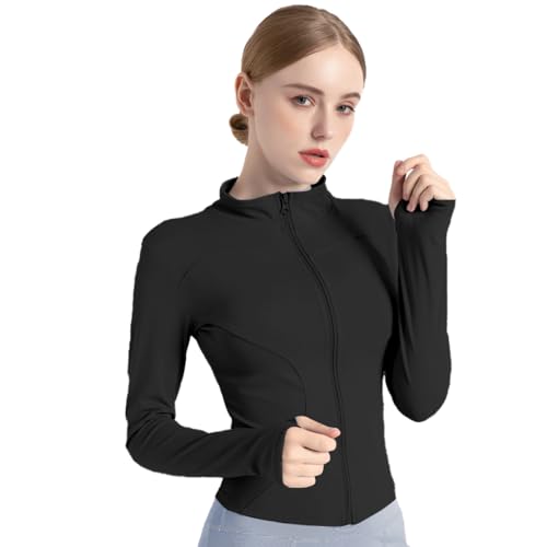 BenBoy Camiseta Deportiva Mujer Transpirable Chaqueta Running de Manga Ligero Corriendo Tops con Cremallera Fitness Yoga Ropa con Agujeros para los Pulgares SYMTWT03-Black-M