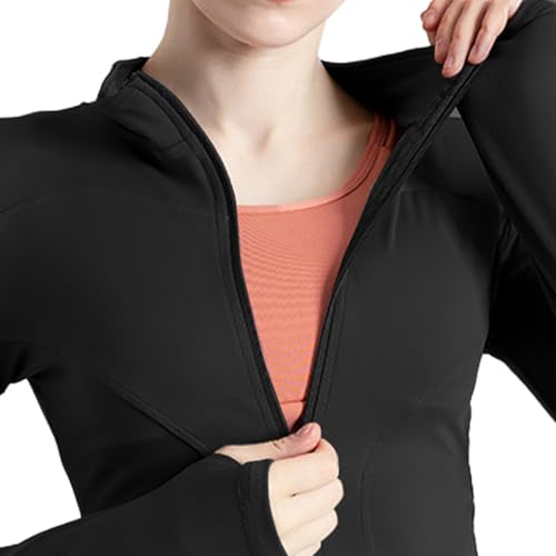 BenBoy Camiseta Deportiva Mujer Transpirable Chaqueta Running de Manga Ligero Corriendo Tops con Cremallera Fitness Yoga Ropa con Agujeros para los Pulgares SYMTWT03-Black-M