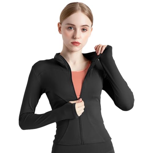 BenBoy Camiseta Deportiva Mujer Transpirable Chaqueta Running de Manga Ligero Corriendo Tops con Cremallera Fitness Yoga Ropa con Agujeros para los Pulgares SYMTWT03-Black-M