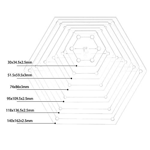 BENECREAT 5 plantillas hexagonales transparentes a presión (agujero: 3 mm) con 5 tamaños mixtos