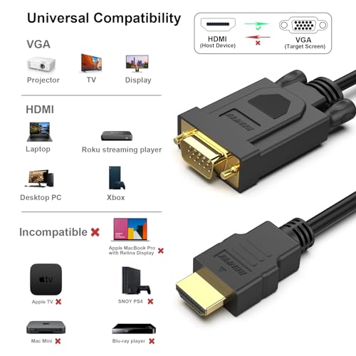 BENFEI Cable HDMI a VGA 0.9M, Unidireccional HDMI (Fuente) a VGA (Monitor) Macho a Macho, Compatible para Computadora HDMI, Monitor VGA, Proyector, Raspberry Pi, Roku, Xbox y Más