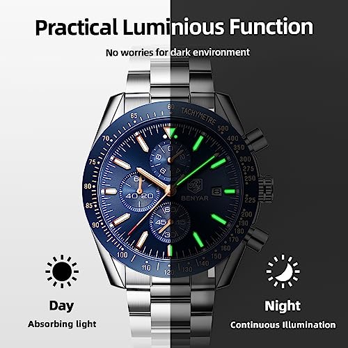 BENYAR Relojes Hombre Relojes de Pulsera Cronografo Diseñador Impermeable Reloj Hombre Banda de Cuero Analogicos Fecha de Pulsera Regalo Elegante