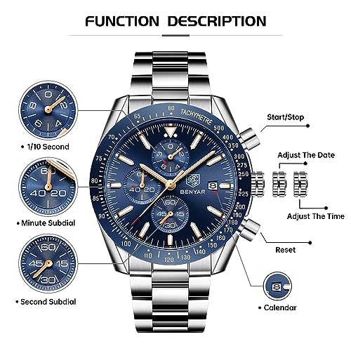 BENYAR Relojes Hombre Relojes de Pulsera Cronografo Diseñador Impermeable Reloj Hombre Banda de Cuero Analogicos Fecha de Pulsera Regalo Elegante