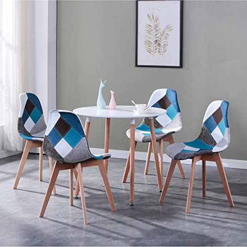 BenyLed Juego de 4 Sillas de Comedor Sillas de Patchwork con Patas de Madera Sillón Escandinavo para Cocina, Sala de Estar, Cafetería, etc. (Azul)