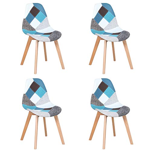 BenyLed Juego de 4 Sillas de Comedor Sillas de Patchwork con Patas de Madera Sillón Escandinavo para Cocina, Sala de Estar, Cafetería, etc. (Azul)