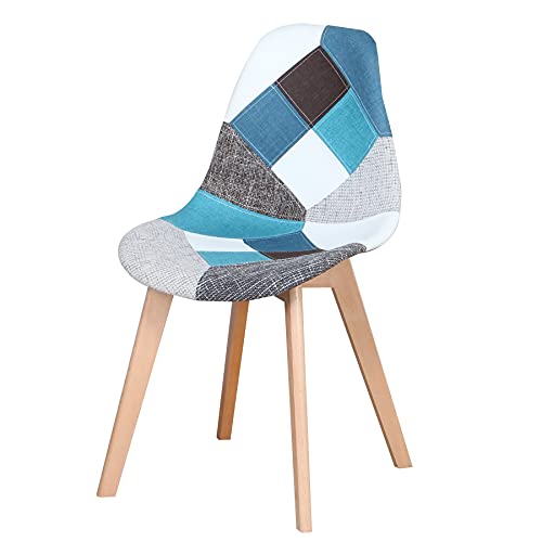 BenyLed Juego de 4 Sillas de Comedor Sillas de Patchwork con Patas de Madera Sillón Escandinavo para Cocina, Sala de Estar, Cafetería, etc. (Azul)