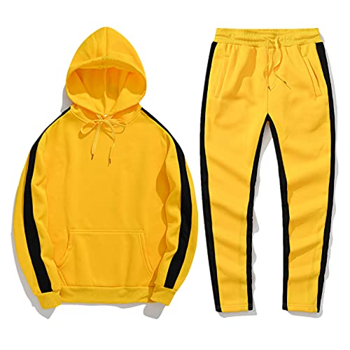 Beokeuioe Pantalones deportivos con capucha para hombre, chándal de entrenamiento, chándal deportivo, 2 piezas, sudadera con capucha, pantalones de chándal informales, A amarillo., M