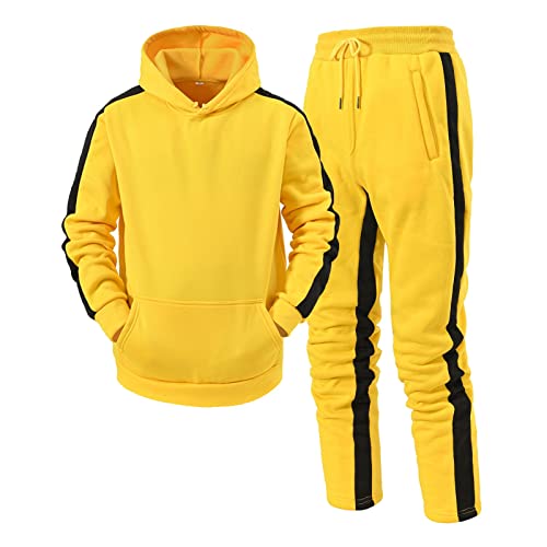 Beokeuioe Pantalones deportivos con capucha para hombre, chándal de entrenamiento, chándal deportivo, 2 piezas, sudadera con capucha, pantalones de chándal informales, A amarillo., M