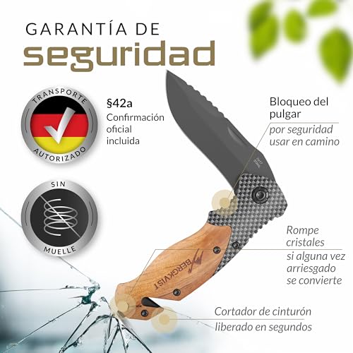 BERGKVIST® K20 Cuchillo Plegable (navaja de dos manos) con mango de madera y aleación de titanio - Navaja de bolsillo 3 en 1 con rompecristales y cortacinturones