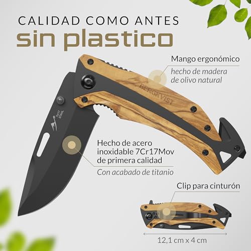 BERGKVIST K29 Titanium Cuchillo plegable - Navaja de bolsillo 3 en 1 con rompecristales y cortacinturones - Ganadora del premio de Bronze A' Design Award 2021