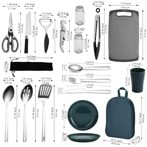 Berglander Juego de Utensilios de Cocina para Camping con Juego de Cubiertos y Plato, Tazas vajilla, Camping Accesorios Camper, Utensilios de Cocina para Acampada, para Picnic, Barbacoa y Camping