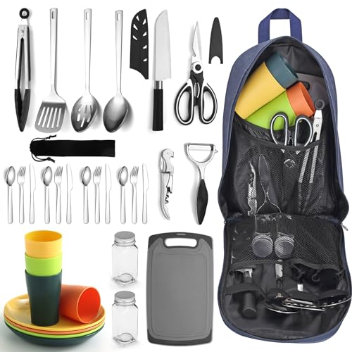 Berglander Juego de Utensilios de Cocina para Camping con Juego de Cubiertos y Plato, Tazas vajilla, Camping Accesorios Camper, Utensilios de Cocina para Acampada, para Picnic, Barbacoa y Camping