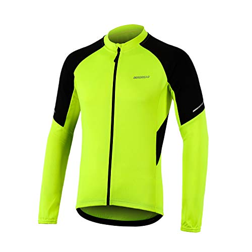 BERGRISAR Maillot Ciclismo Hombre Manga Larga Ropa de MTB Bicicleta Camisa Cremallera Bolsillos BG012 - Amarillo - Large