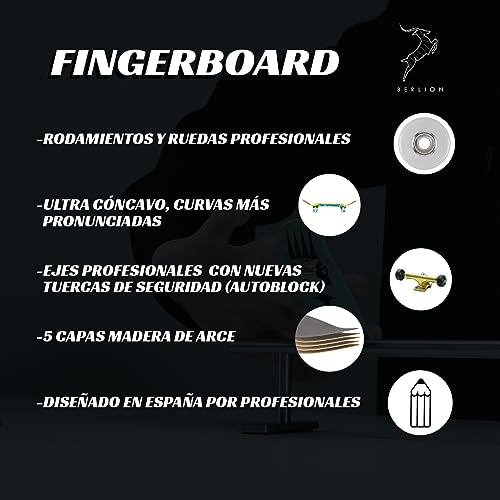 BERLION - Finger Skate para Dedos Profesional de Madera Pro Ultra Cóncavo, Mini monopatín Fingerboard pequeño, Lija, Herramienta y Ruedas, Finger Toys antiestres (Multicolor)