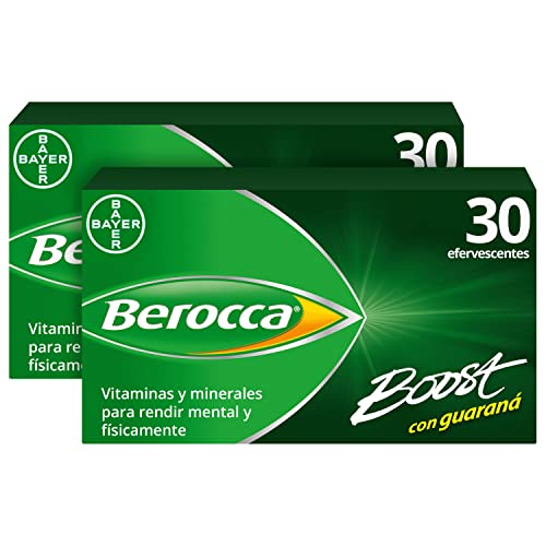 Berocca Boost Complejo de Vitaminas y Minerales con Cafeína y Guaraná Natural, para una Ayuda Rápida en el Rendimiento Mental y Físico, 2 X 30 Comprimidos Efervescentes