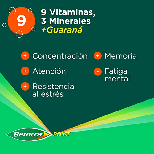 Berocca Boost Complejo de Vitaminas y Minerales con Cafeína y Guaraná Natural, para una Ayuda Rápida en el Rendimiento Mental y Físico, 2 X 30 Comprimidos Efervescentes