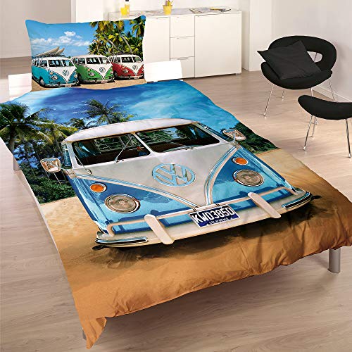 BERONAGE VW Volkswagen Bulli Live Blue 135 cm x 200 cm + 80 cm x 80 cm VW-Bus T1 100% algodón en franela, diseño retro Camper Van 2 motivos de ropa de cama reversible con cremallera 062