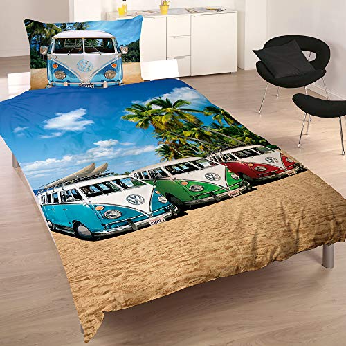 BERONAGE VW Volkswagen Bulli Live Blue 135 cm x 200 cm + 80 cm x 80 cm VW-Bus T1 100% algodón en franela, diseño retro Camper Van 2 motivos de ropa de cama reversible con cremallera 062