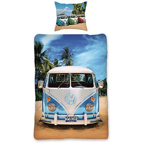 BERONAGE VW Volkswagen Bulli Live Blue 135 cm x 200 cm + 80 cm x 80 cm VW-Bus T1 100% algodón en franela, diseño retro Camper Van 2 motivos de ropa de cama reversible con cremallera 062