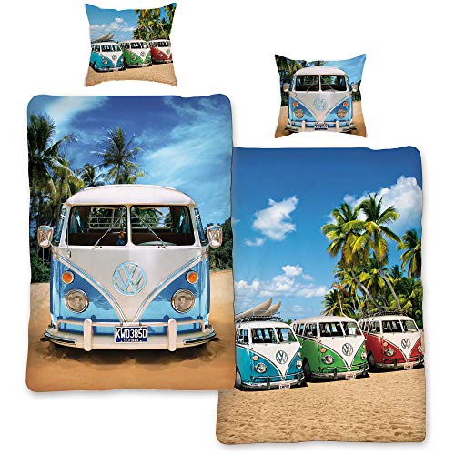 BERONAGE VW Volkswagen Bulli Live Blue 135 cm x 200 cm + 80 cm x 80 cm VW-Bus T1 100% algodón en franela, diseño retro Camper Van 2 motivos de ropa de cama reversible con cremallera 062