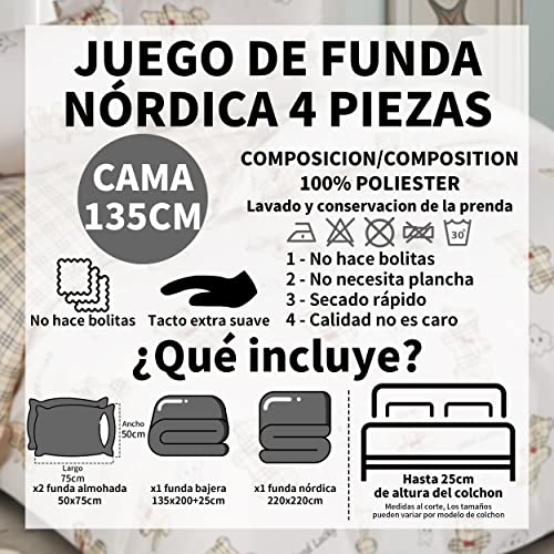 BESCH Juego de Funda Nordica 100% Microfibra de Poliester Suave 4 Piezas - Juego de Funda Edredónes 220x220cm y con 2 Funda de Almohada 50x75cm (Oso)