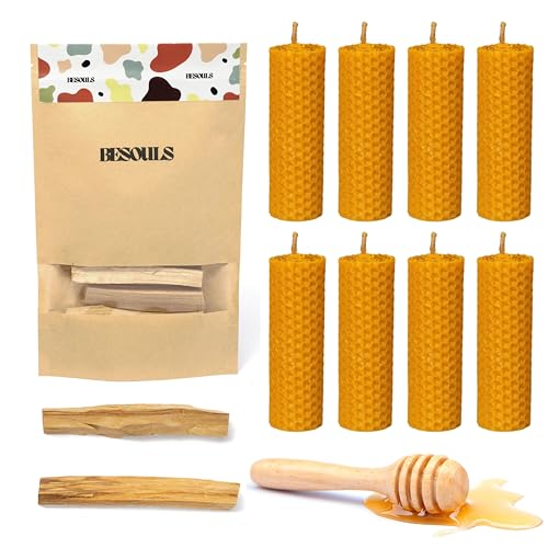 BESOULS 8 Velas de Miel de Abeja y 2 Palo Santo de REGALO | Ritual Mágico de Buena Suerte 11/22 + QR con contenido digital | 100% Cera e Incienso Natural | Hechas a Mano | Sin Parafina 10x2cm