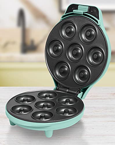 Bestron Donut Maker en diseño retro, mini donut maker eléctrica para 7 pequeños donuts, incl. semáforo de cocción y revestimiento antiadherente, 700 vatios, color: verde