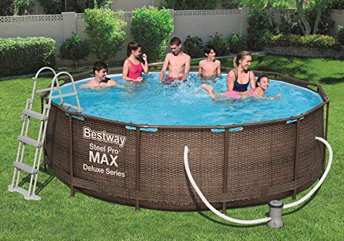 Bestway Power Steel Deluxe 366 x 100 cm, Piscina Redonda con Marco de Acero Estable en Juego Completo, ratán, Color Marrón