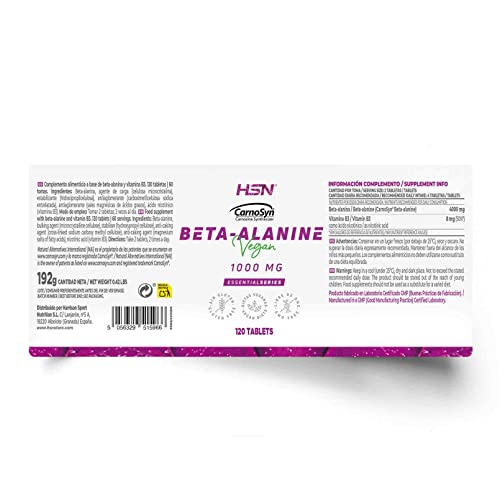 Beta Alanina - Carnosyn® - de HSN | 120 Tabletas para 4 Gramos de Beta-Alanina por Dosis Diaria | Aminoácido en Forma Libre | Con Vitamina B3 | No-GMO, Vegano, Sin Gluten