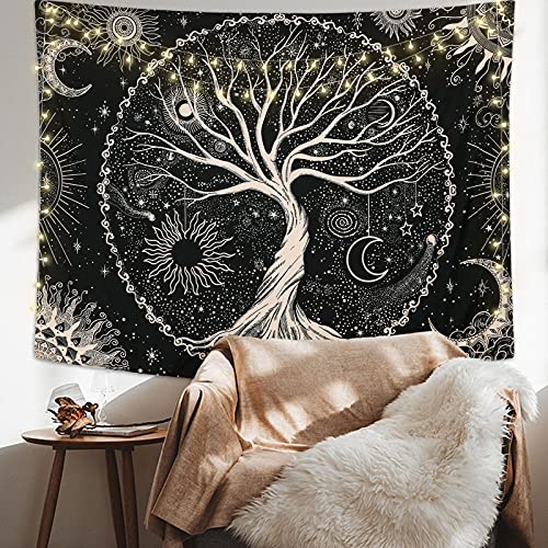 Betylifoy Tapiz de Árbol de la Vida Luna y Sol Tapiz Colgante de Pared Negro Mandala Psicodélico Tapiz de Pared Estrellado Hippie Arte de Pared Decoración para Fiesta de Dormitorio (130x150cm)