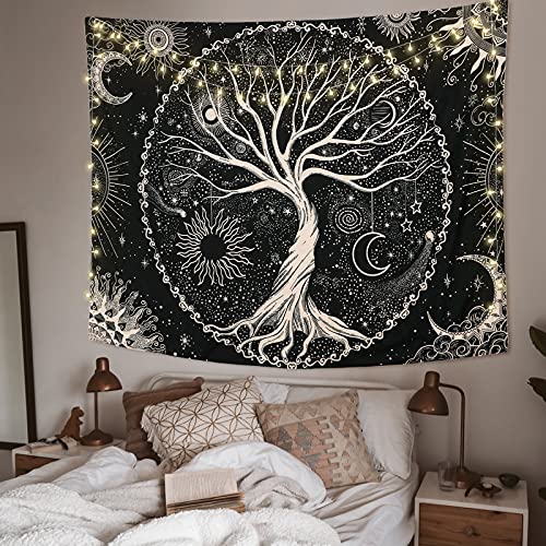 Betylifoy Tapiz de Árbol de la Vida Luna y Sol Tapiz Colgante de Pared Negro Mandala Psicodélico Tapiz de Pared Estrellado Hippie Arte de Pared Decoración para Fiesta de Dormitorio (130x150cm)