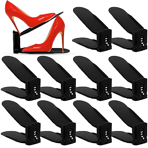 BEYAOBN Organizadores de Zapatos 10Pcs Soporte de Calzado de Altura Ajustable Zapatos Antideslizante de Polipropileno, Zapatos Ahorra Espacio, organizador de zapatos de doble cubierta（negro）