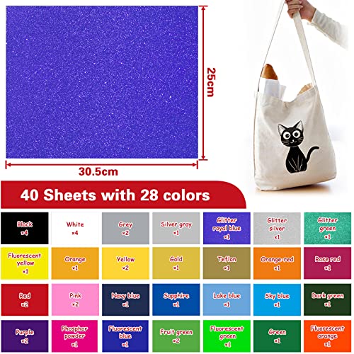 BEYAOBN Vinilo para textil 40 hojas - Vinilo permanente de 27 colores con transferencia térmica - Flex termoadhesivas - Manualidades para regalo de camisetas y sombreros - 30.5 * 25cm