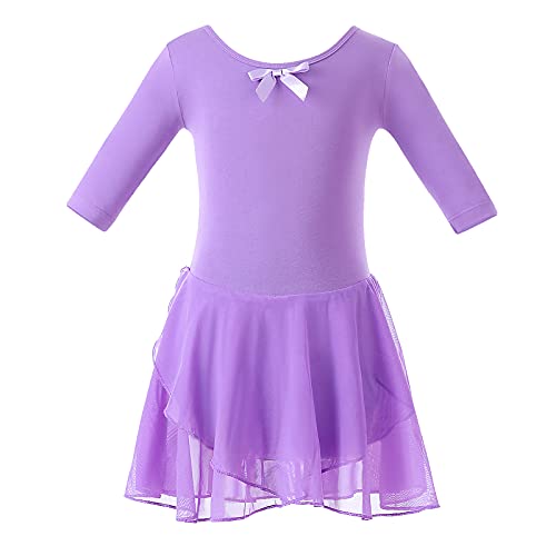 Bezioner Maillot de Danza Vestido de Ballet Gimnasia Leotardo Body Clásico con Manga Media para Niña Morado 140